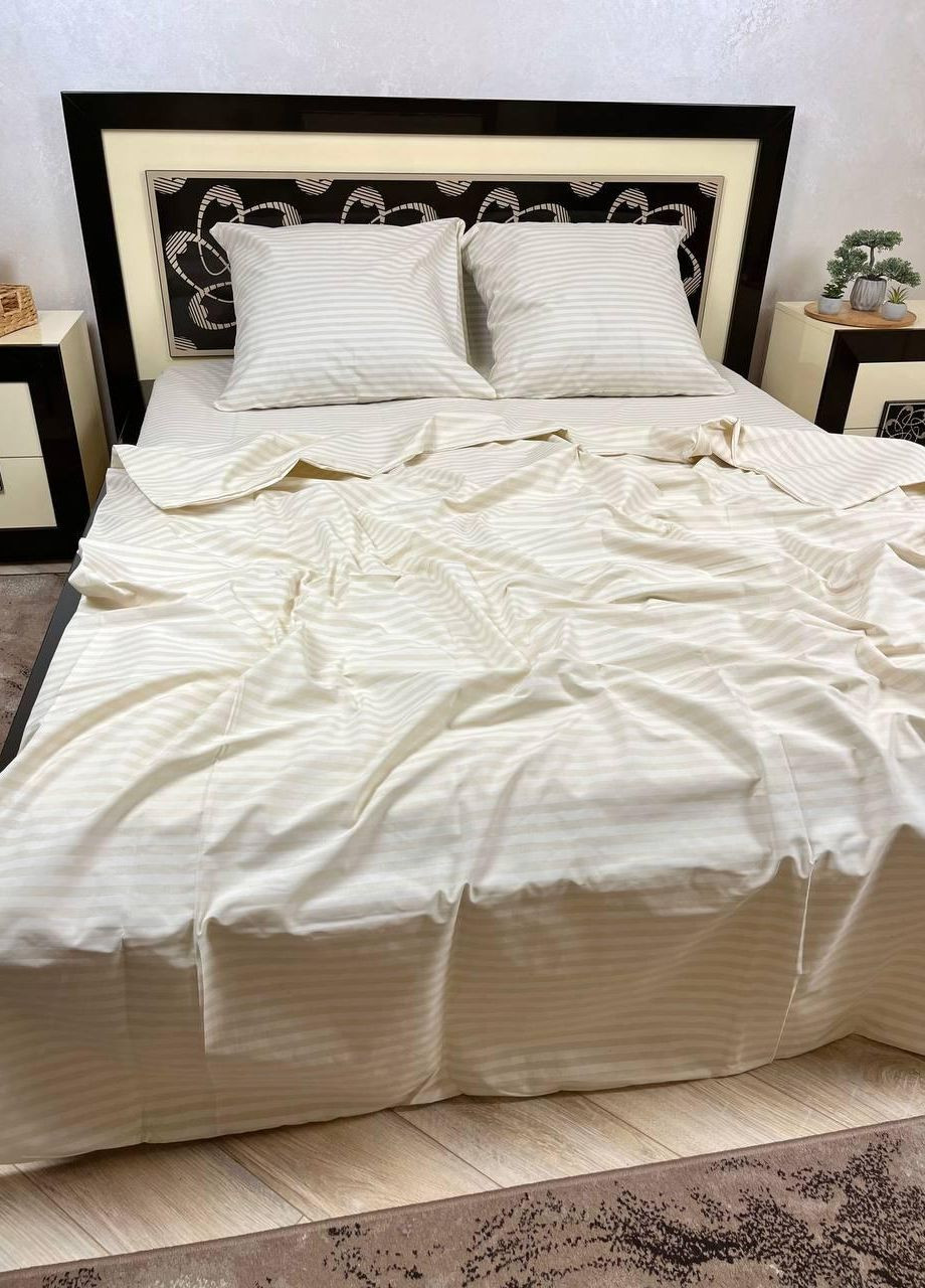 Постельное белье хлопковое Полоска Двуспальное Простынь на резинке 160x200х20 Бязь Бежевый 70 х 70 No Brand (276973940)