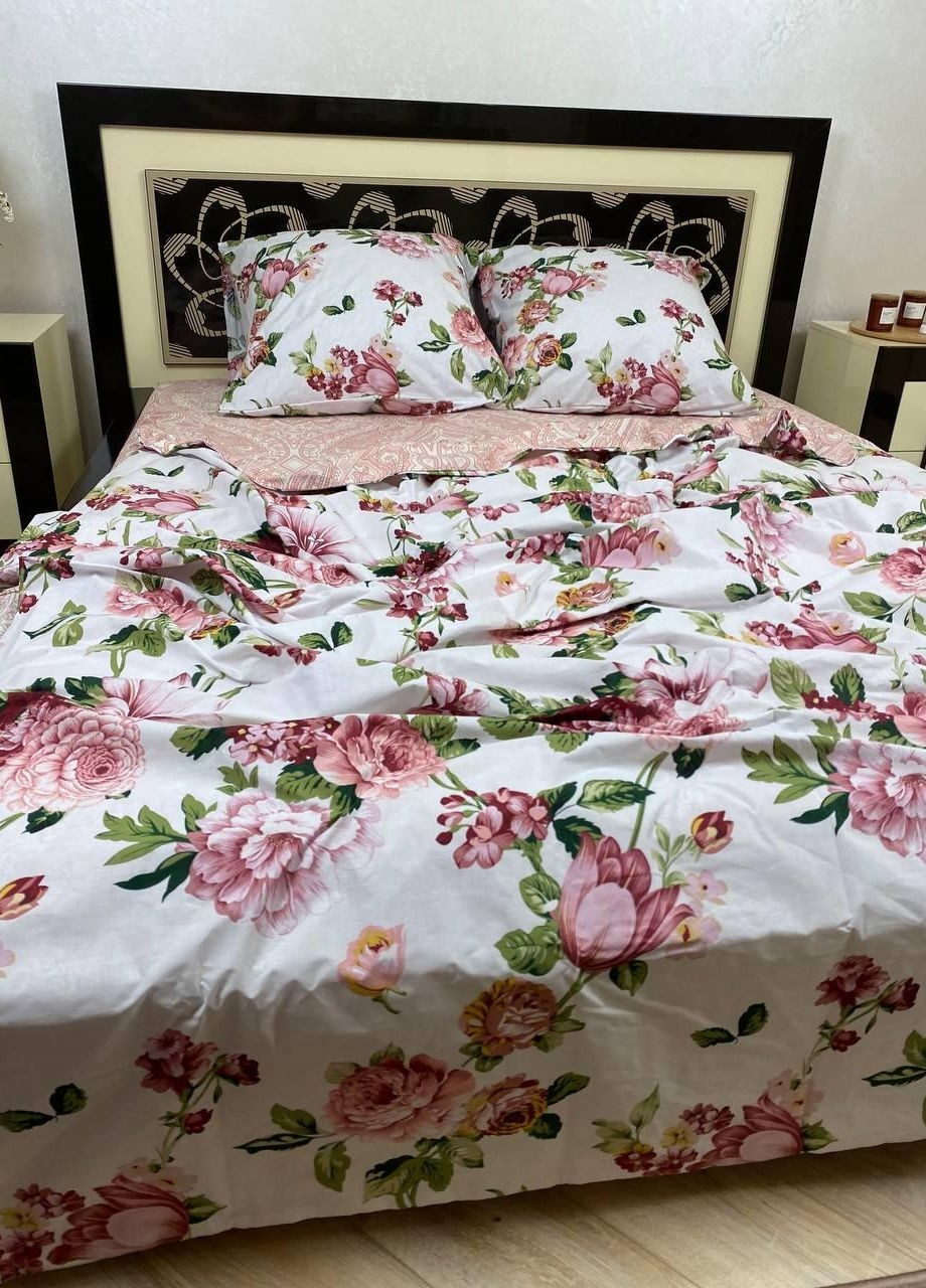 Постельное белье хлопковое Цветы Евро Простынь на резинке 180x200х20 Бязь Белый 70 х 70 No Brand (276974410)