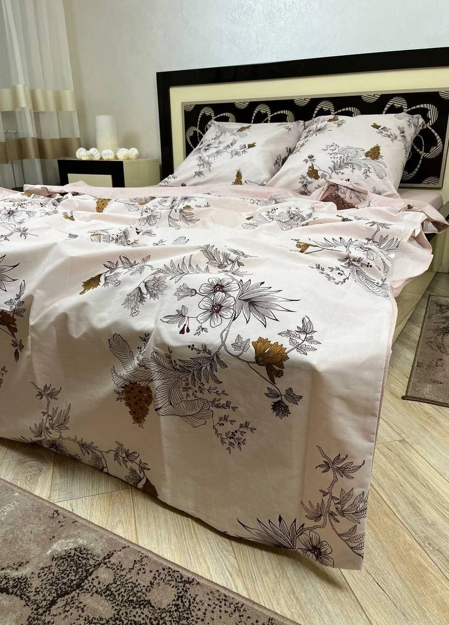 Постільна білизна бавовняна Квіти Євро Простирадло на гумці 160x200х20 Бязь Бежевий 70 х 70 No Brand (276974509)