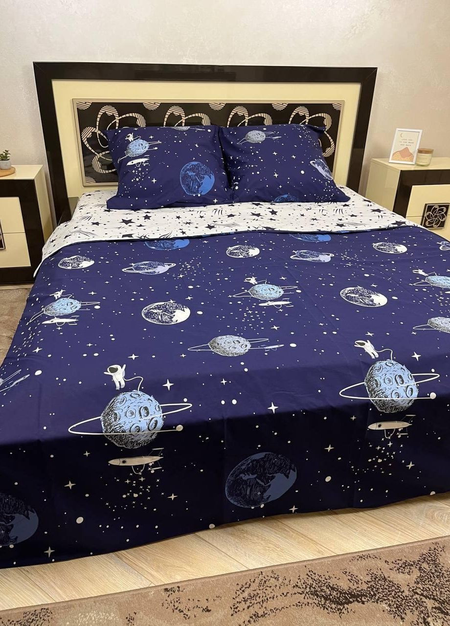 Постельное белье хлопковое Планеты Двуспальное Простынь на резинке 160x200х20 Бязь Синий 50 х 70 No Brand (276974373)