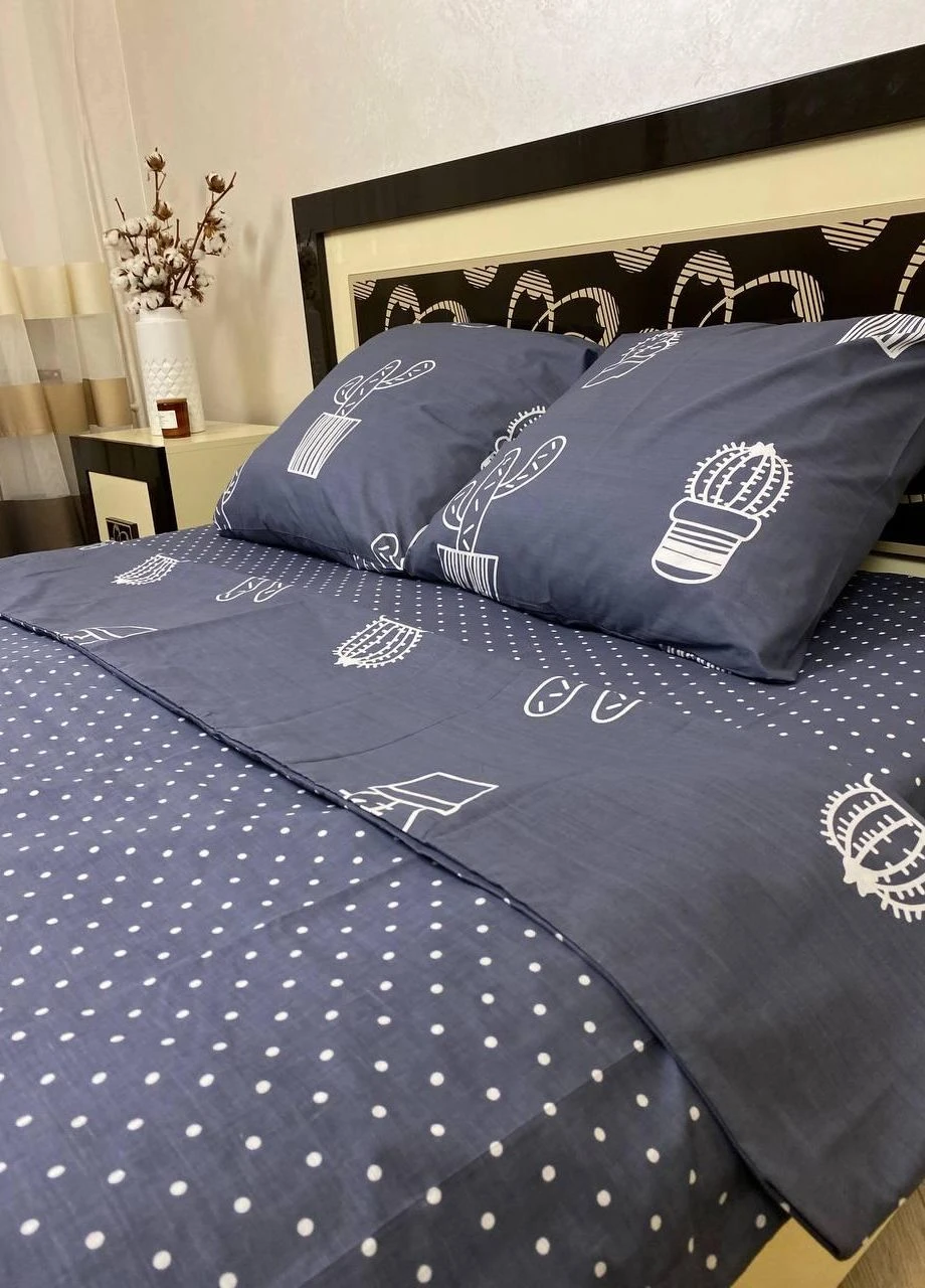 Постільна білизна бавовняна Кактус Євро Простирадло на гумці 180x200х20 Бязь Сірий 50 х 70 No Brand (276974103)