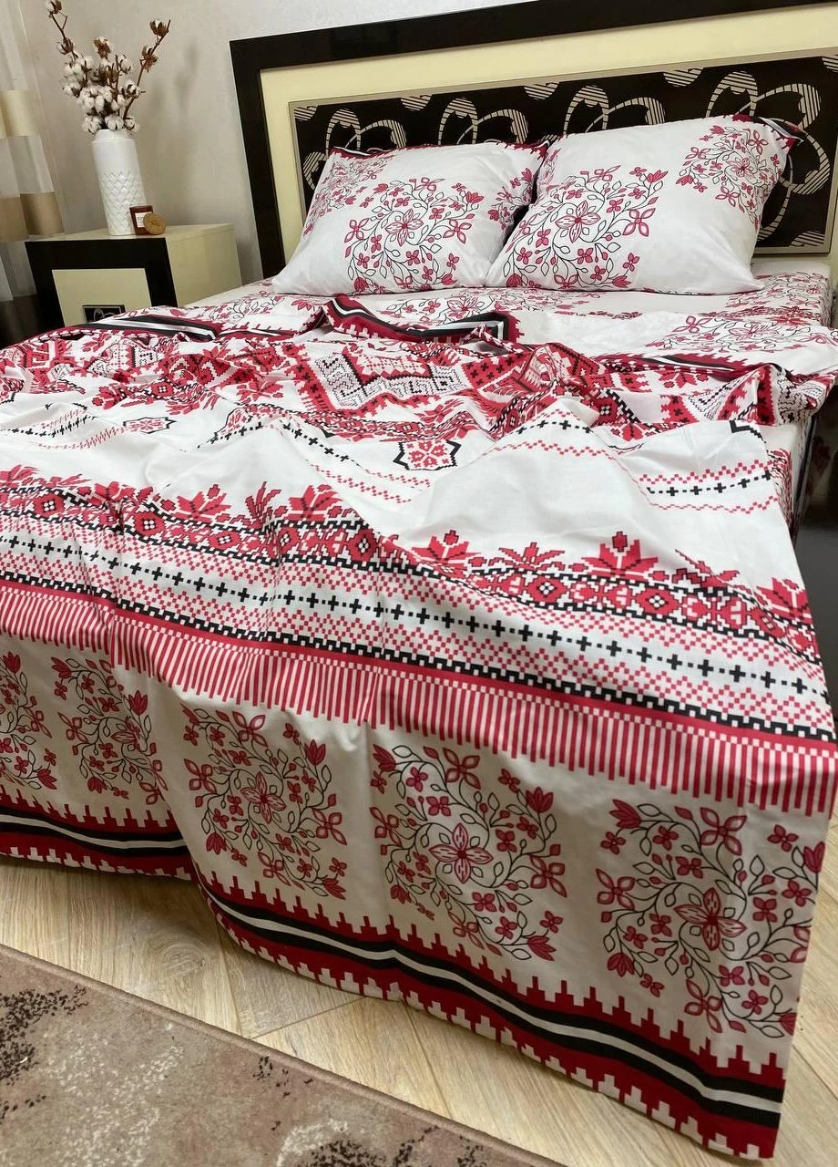 Постільна білизна бавовняна Вишиванка Двоспальна Простирадло на гумці 180x200х20 Бязь Біла 70 х 70 No Brand (276974617)