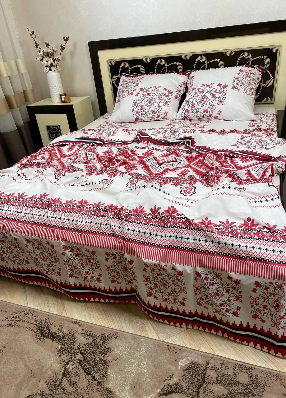 Постільна білизна бавовняна Вишиванка Двоспальна Простирадло на гумці 180x200х20 Бязь Біла 70 х 70 No Brand (276974617)