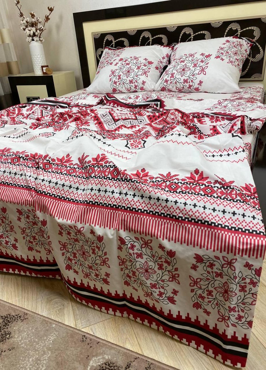 Постельное белье хлопковое Вышиванка Двуспальное Простынь на резинке 160x200х20 Бязь Белое 70 х 70 No Brand (276974050)