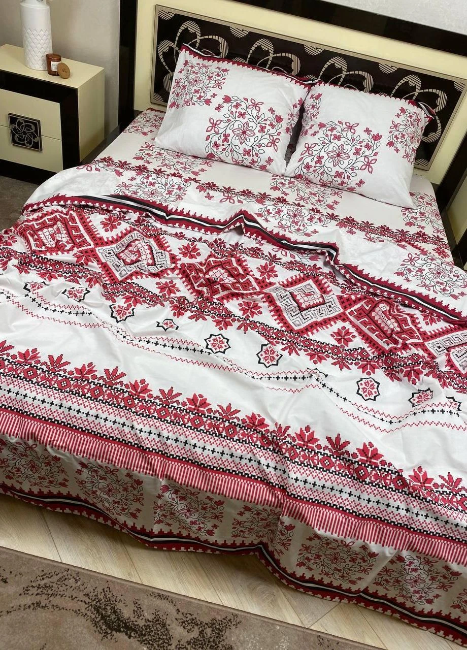 Постільна білизна бавовняна Вишиванка Двоспальна Простирадло на гумці 180x200х20 Бязь Біла 50 х 70 No Brand (276974046)