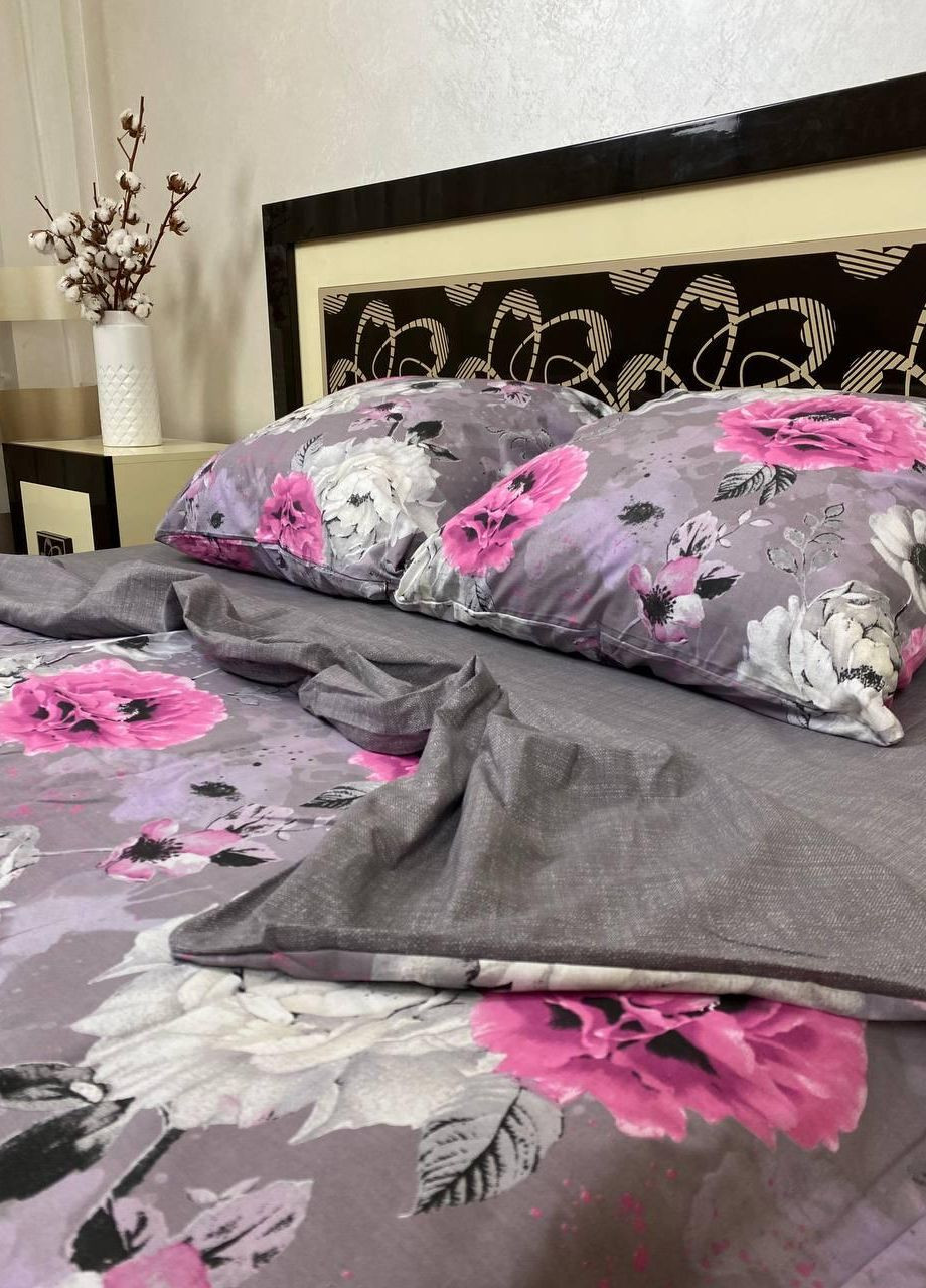 Постільна білизна бавовняна Квіти Двоспальна Простирадло на гумці 160x200х20 Бязь Сіра 70 х 70 No Brand (276974807)