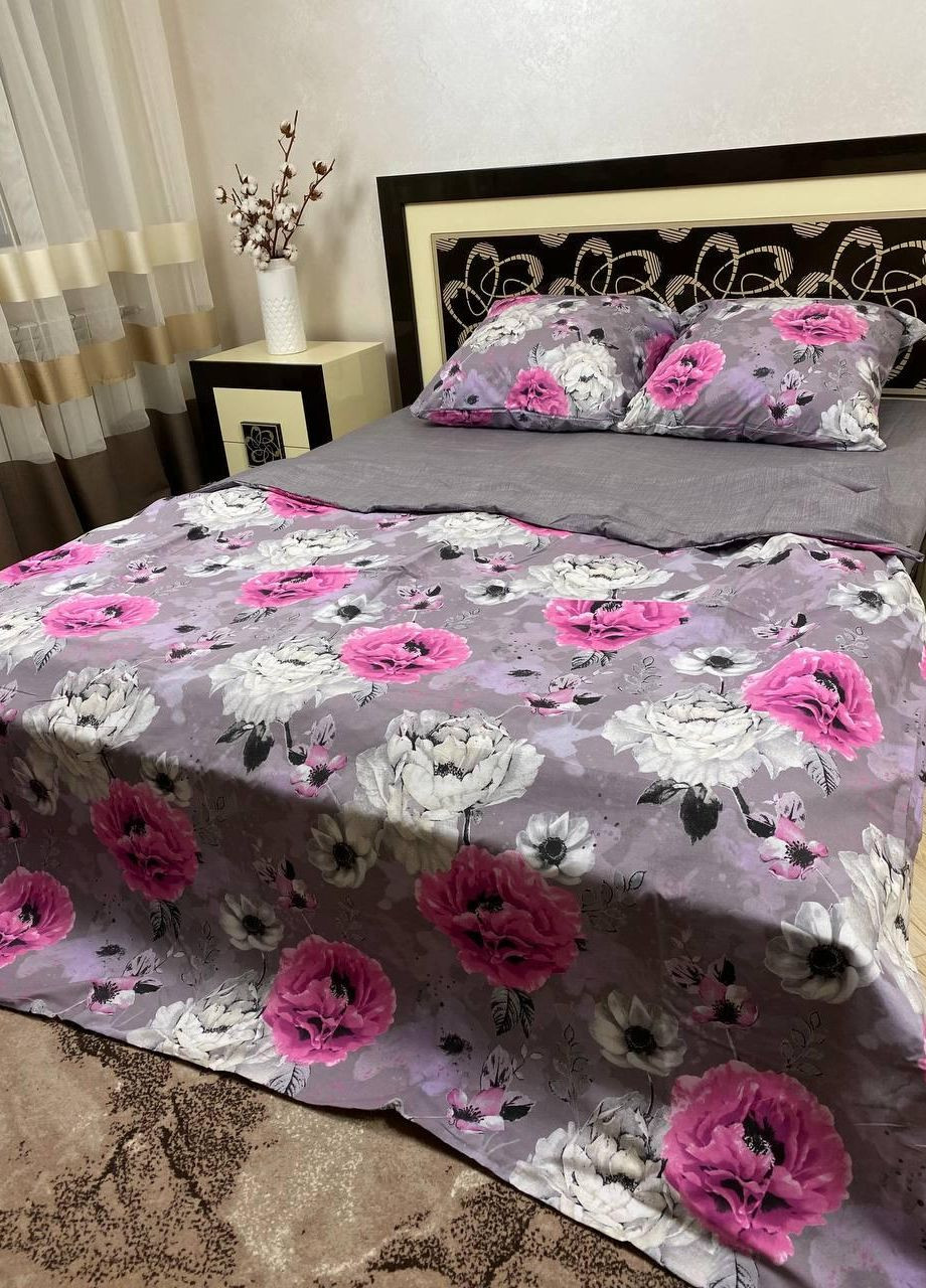 Постільна білизна бавовняна Квіти Євро 200 x 220 Бязь Сіра 50 х 70 No Brand (276974291)