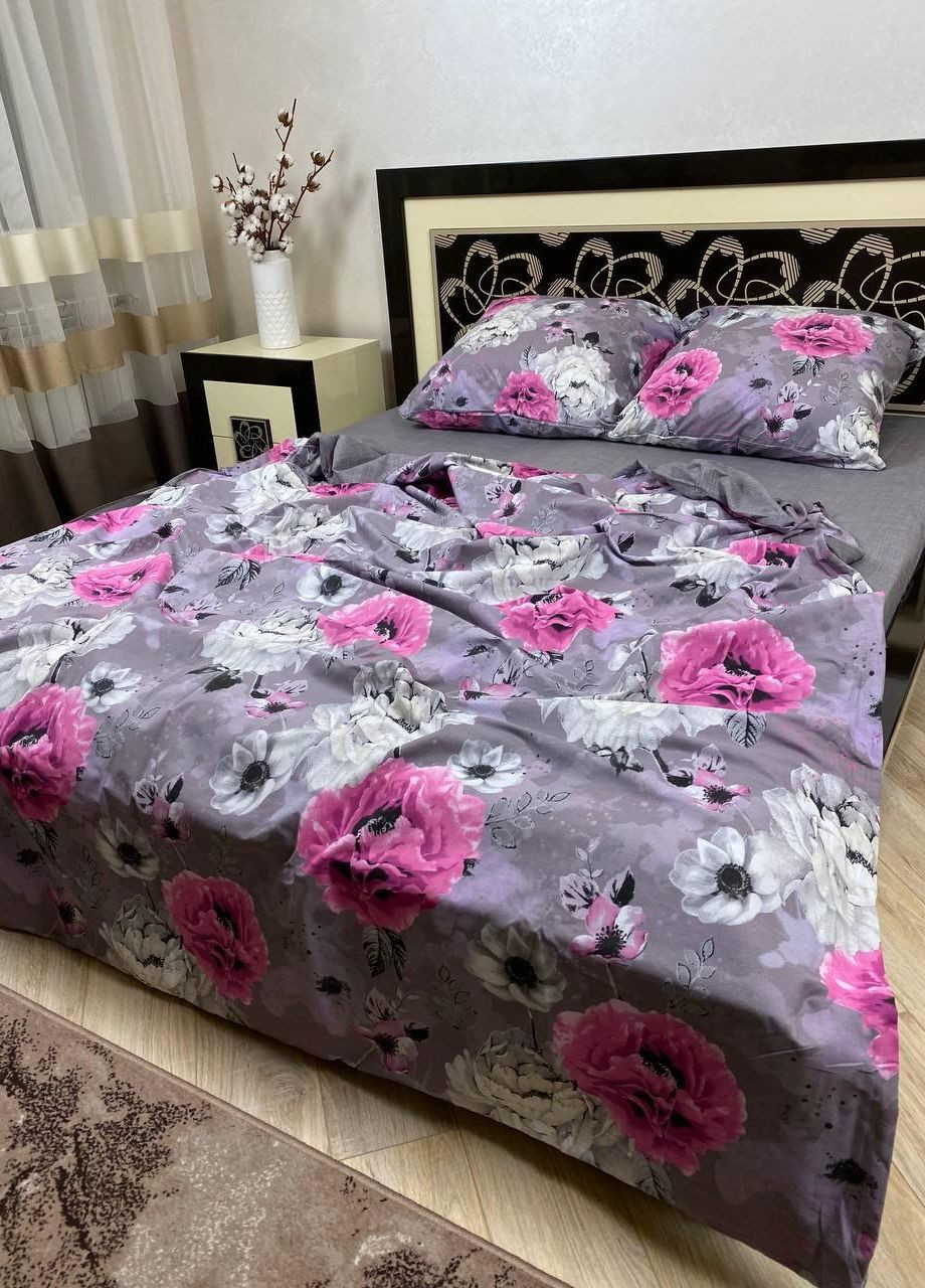 Постільна білизна бавовняна Квіти Євро Простирадло на гумці 180x200х20 Бязь Сіра 50 х 70 No Brand (276974612)