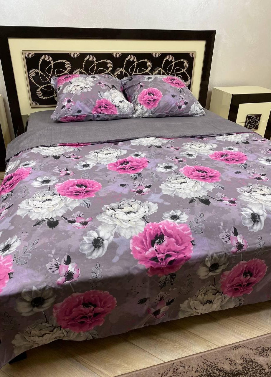 Постільна білизна бавовняна Квіти Євро Простирадло на гумці 180x200х20 Бязь Сіра 50 х 70 No Brand (276974612)