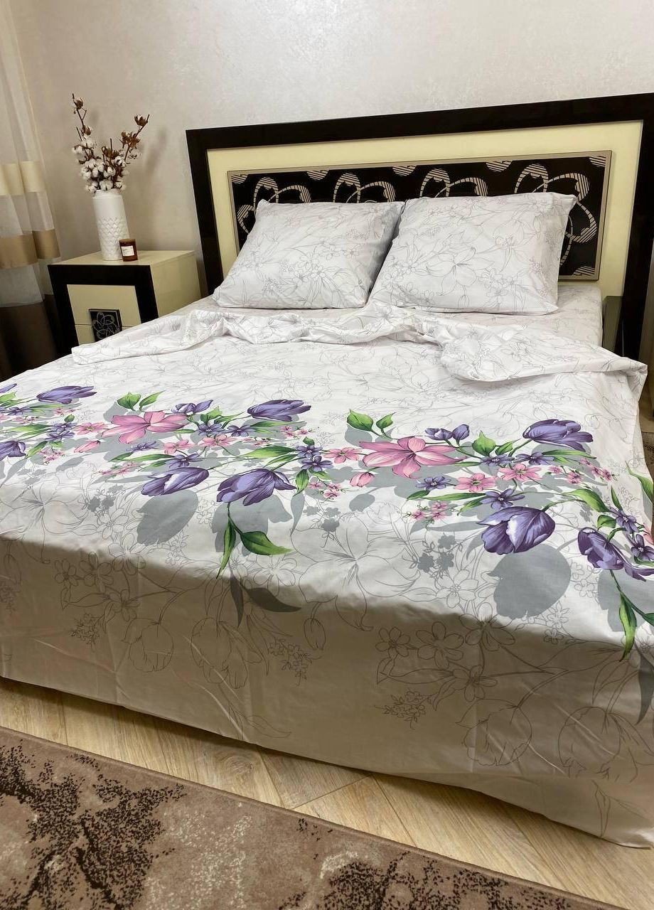 Постільна білизна бавовняна Квіти Євро Простирадло на гумці 160x200х20 Бязь Білий 70 х 70 No Brand (276974306)