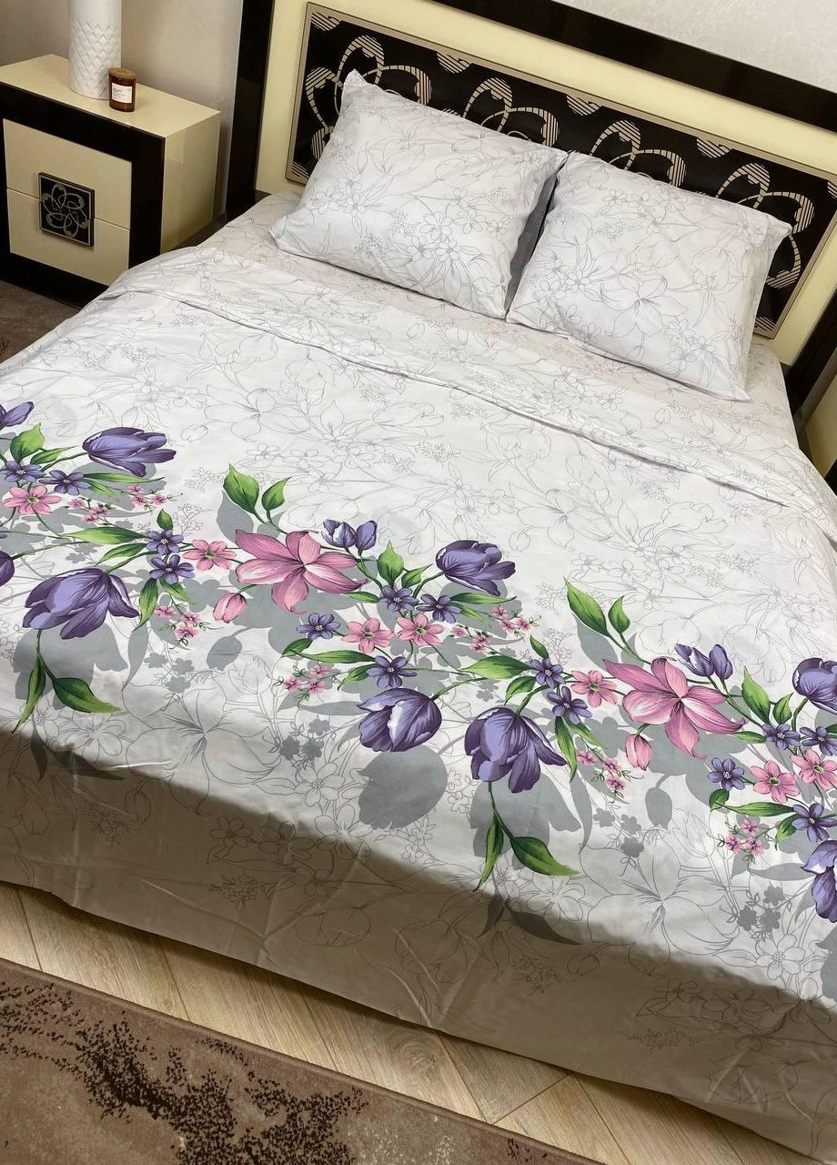 Постельное белье хлопковое Цветы Евро Простынь на резинке 180x200х20 Бязь Белое 70 х 70 No Brand (276974889)