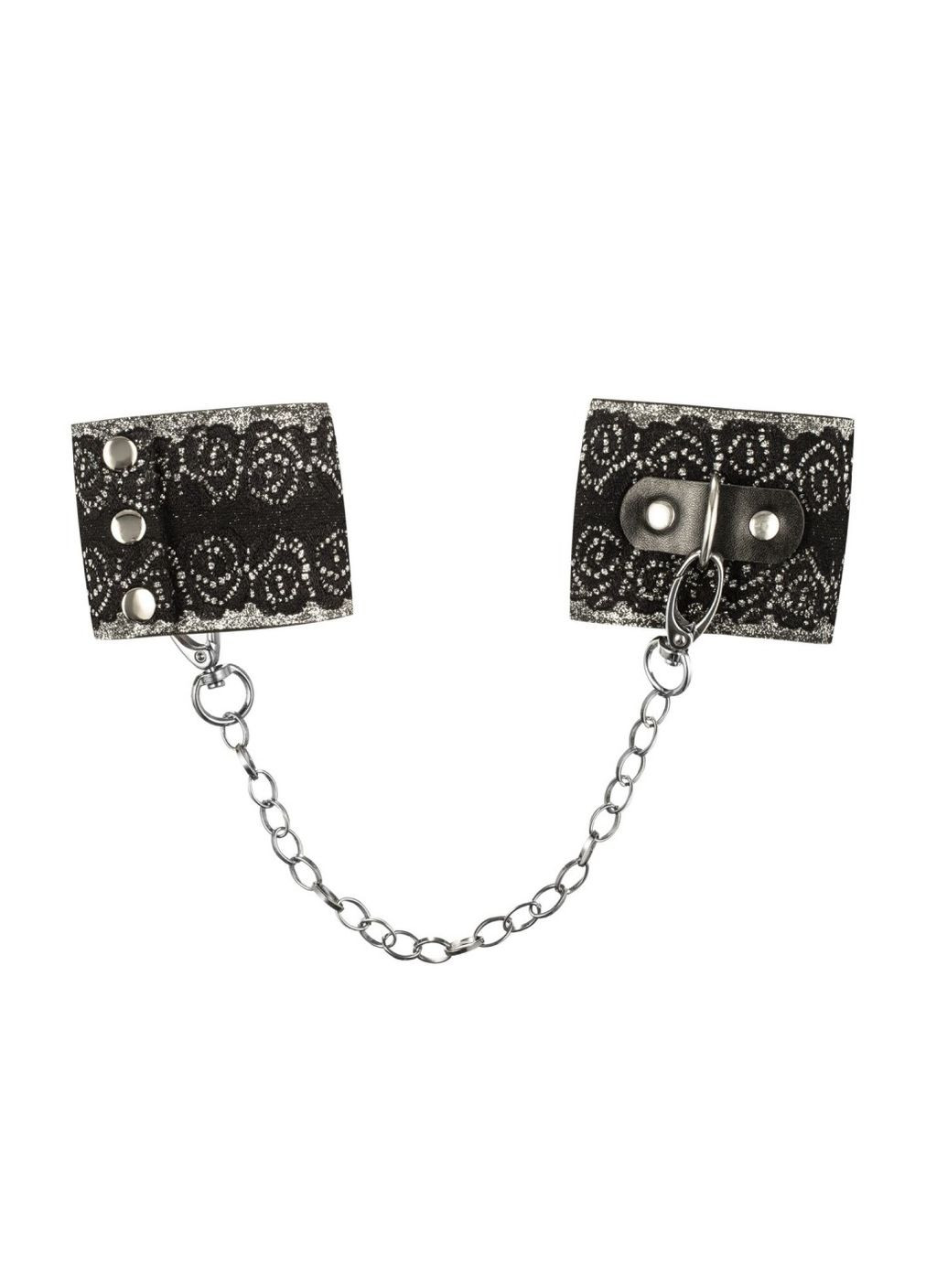 Широкие наручники с блестками и цепью A747 cuffs, черно-серебряные Obsessive (276717862)