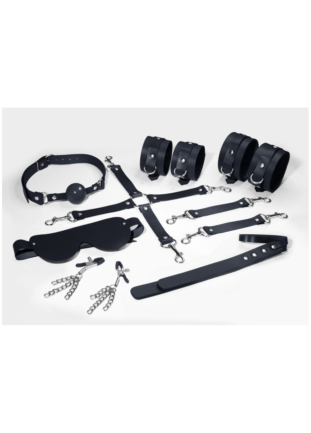 Набор BDSM Kit 7 Black, наручники, поножи, коннектор, маска, паддл, кляп, зажимы Feral Feelings (276843970)