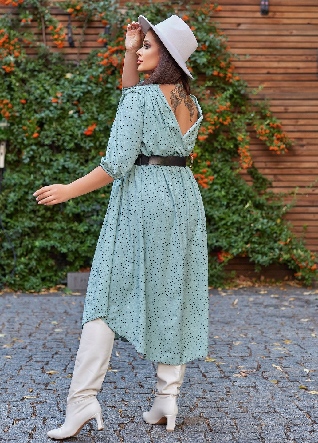 Оливковое кэжуал, повседневный, вечернее платье в горошек с ремнём колокол No Brand в горошек