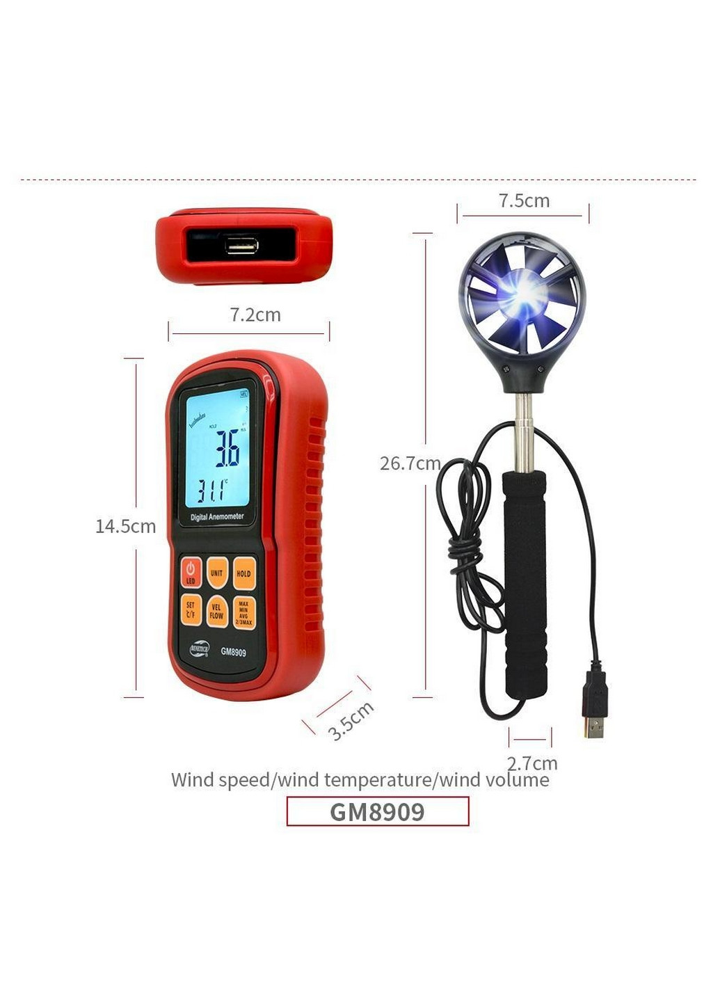 Анемометр (вимірювач потоку повітря) 0,3-45м/с, 0-45°C BENETECH (276984068)