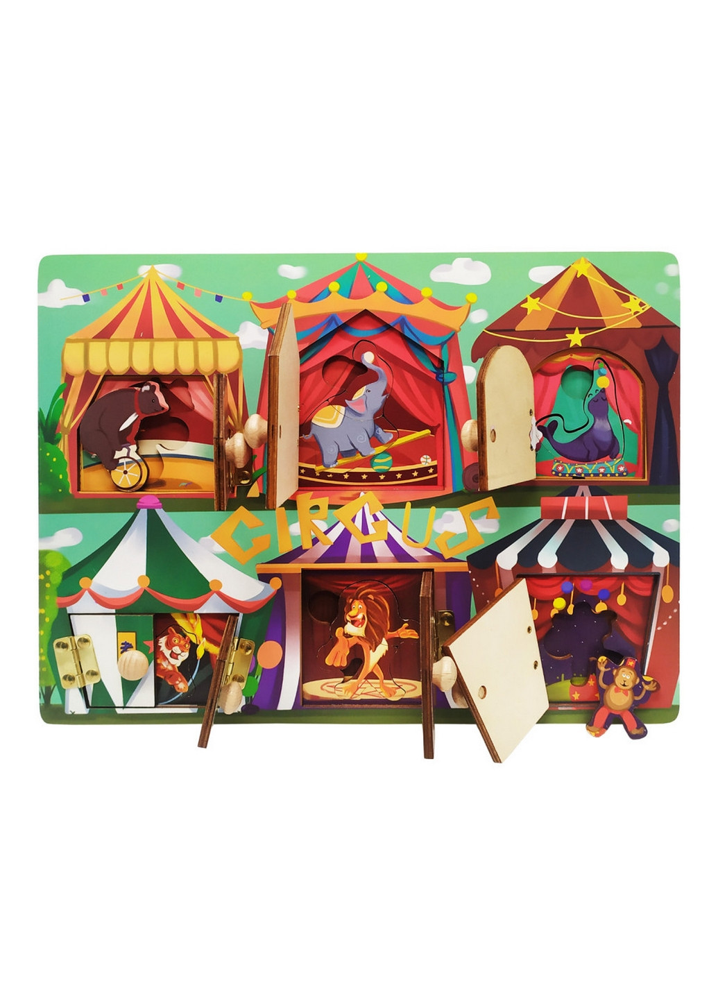 Деревянная игрушка Бизиборд двери и окна открываются (Цирк) Bambi (276979517)