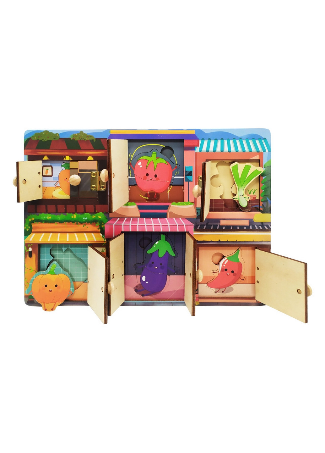 Деревянная игрушка Бизиборд двери и окна открываются (Овощи) Bambi (276982515)