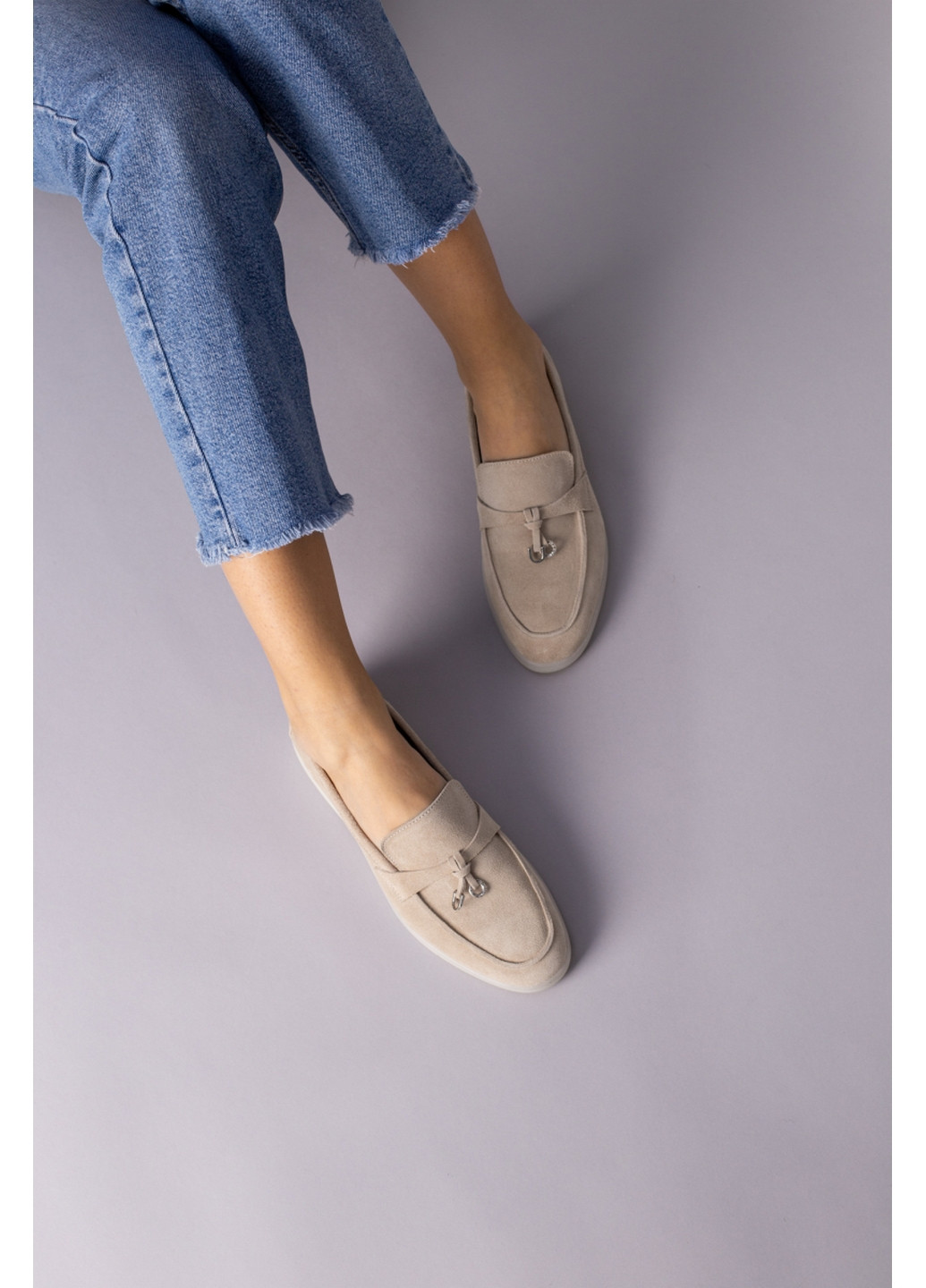 VZUTIK Замшеві жіночі лофери бежевий з натуральна шкіра, україна — (276978210)