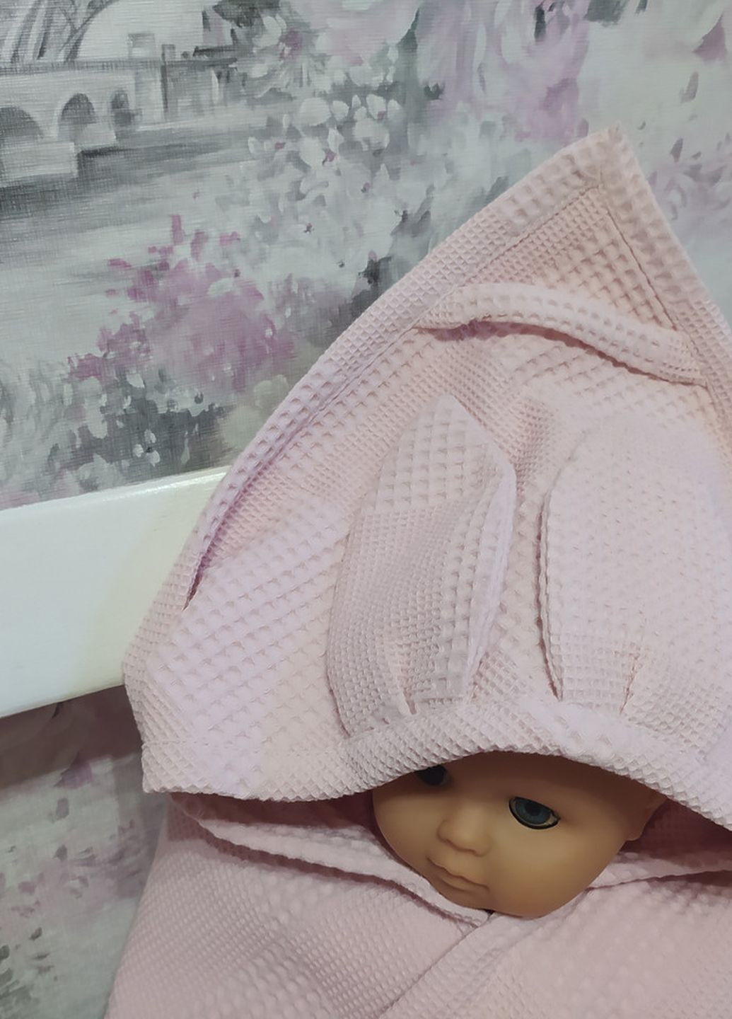 Полотенце вафельное детское с капюшоном зайка 1*1 м розовый (02233) No Brand (277367662)