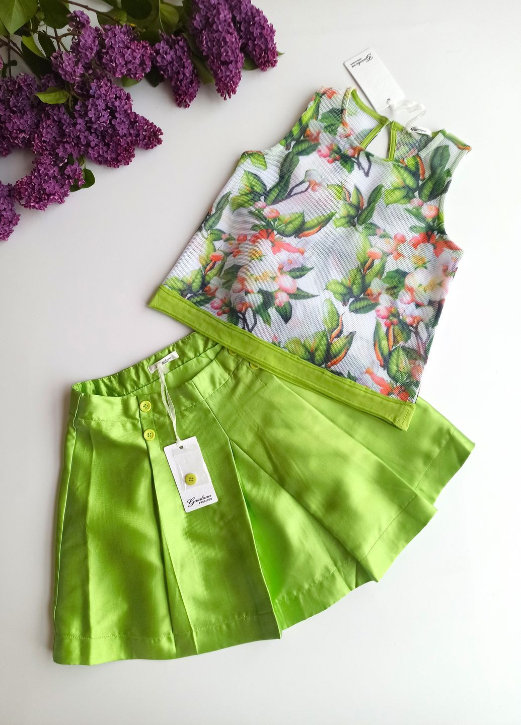 Зелений літній комплект костюм для дівчинки спідниця+футболка ge620730/614713 білий/зелений Gaialuna