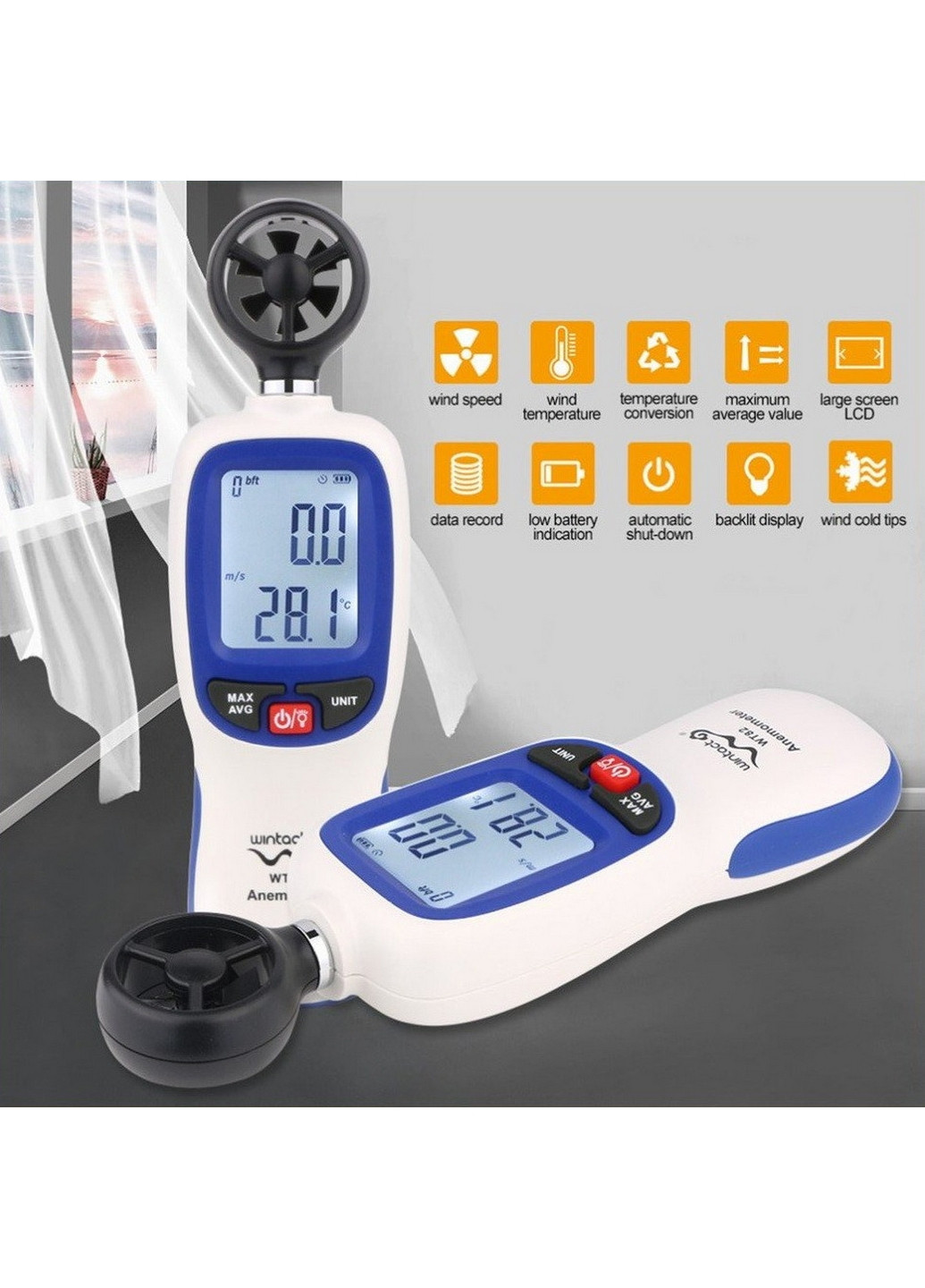 Цифровий анемометр крильчатий 0,3-30м/с, -10-45°C Wintact (277689697)