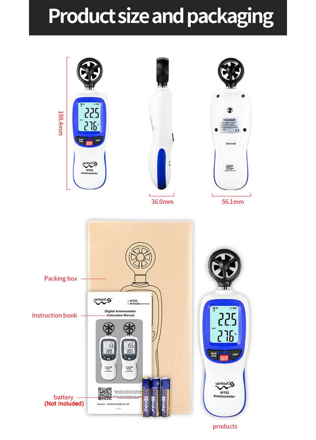 Анемометр крыльчатый Bluetooth 0,3-30 м/с, -10-45°C Wintact (277693558)
