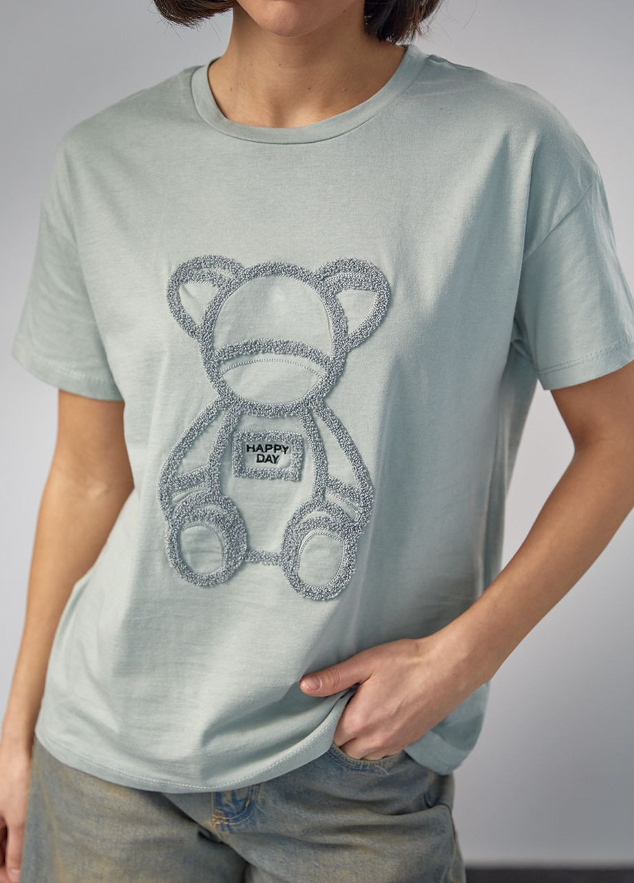 Хаки (оливковая) летняя трикотажная футболка с медвежонком Lurex