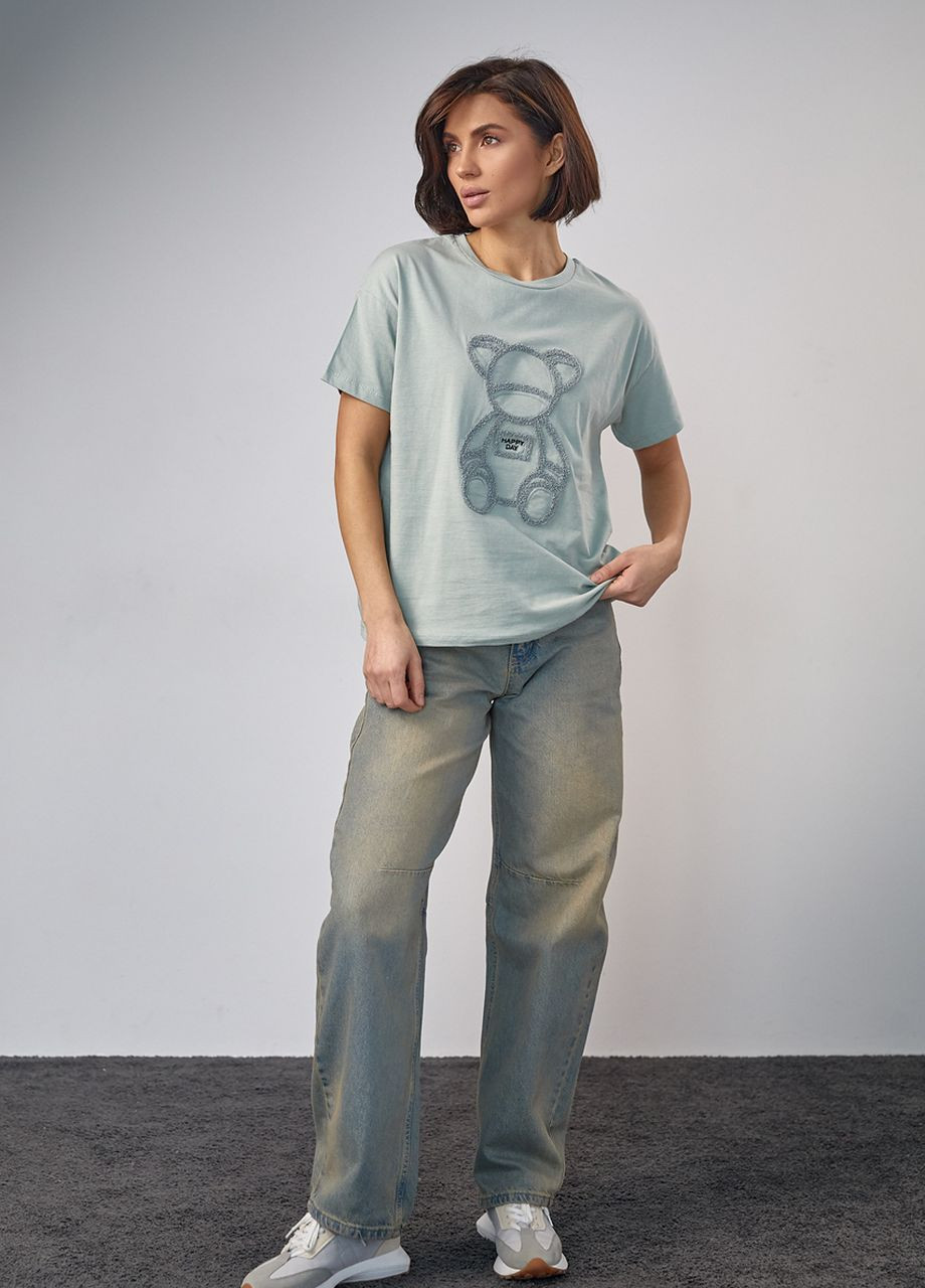 Хаки (оливковая) летняя трикотажная футболка с медвежонком Lurex