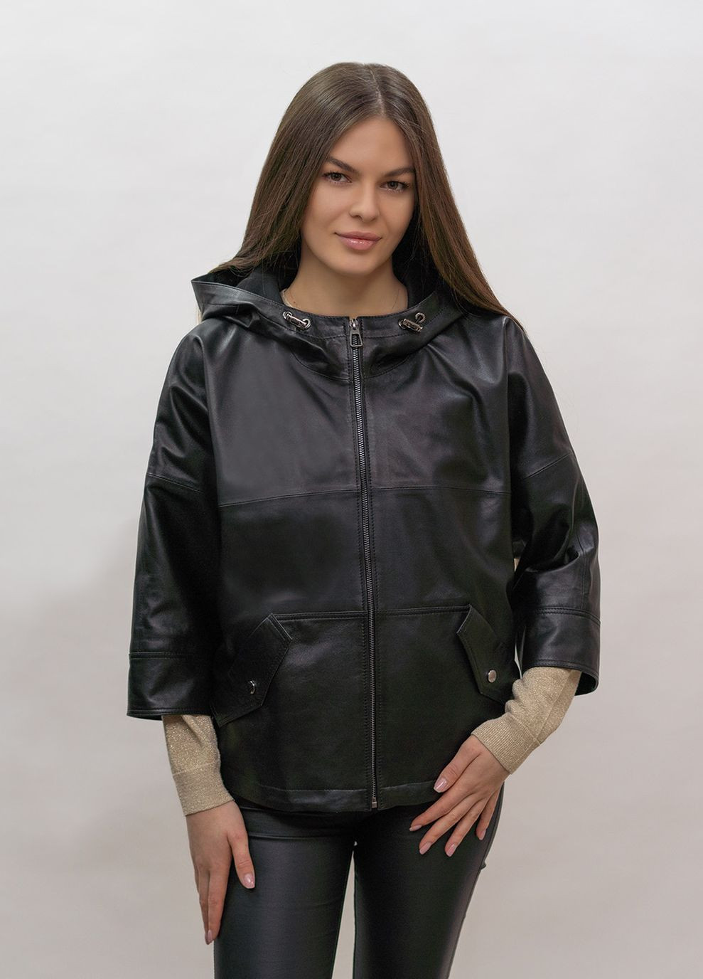 Черная демисезонная женская кожаная куртка весна Fabio Monti