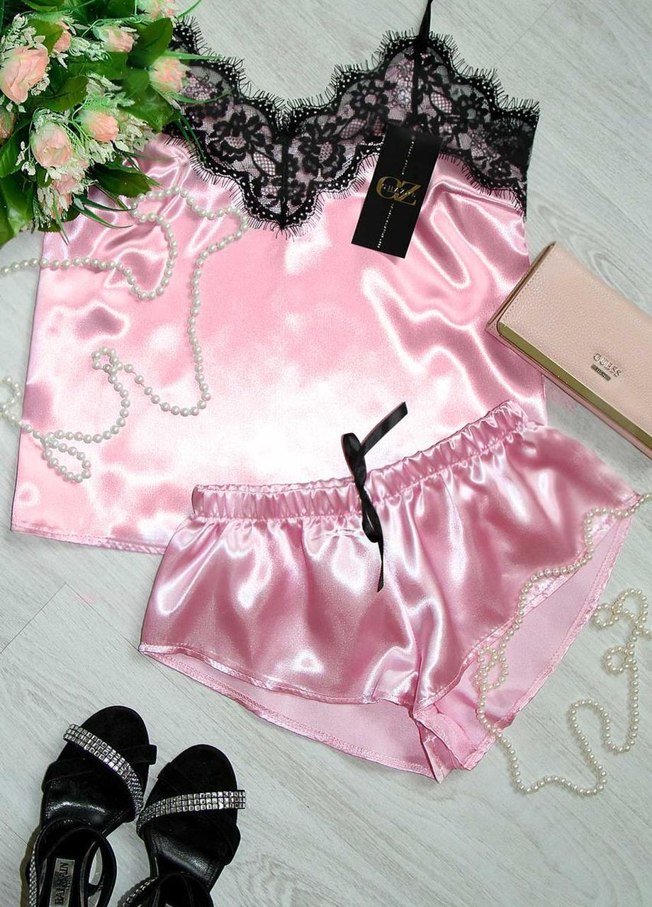 Розовая всесезон женская пижама майка и шорты шелковые майка + шорты GorLin