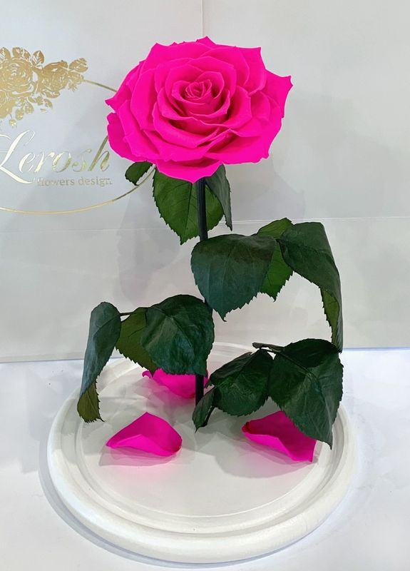 Ярко-розовая Фуксия роза в колбе - Lux 33 см на белой подставке LEROSH (278020015)