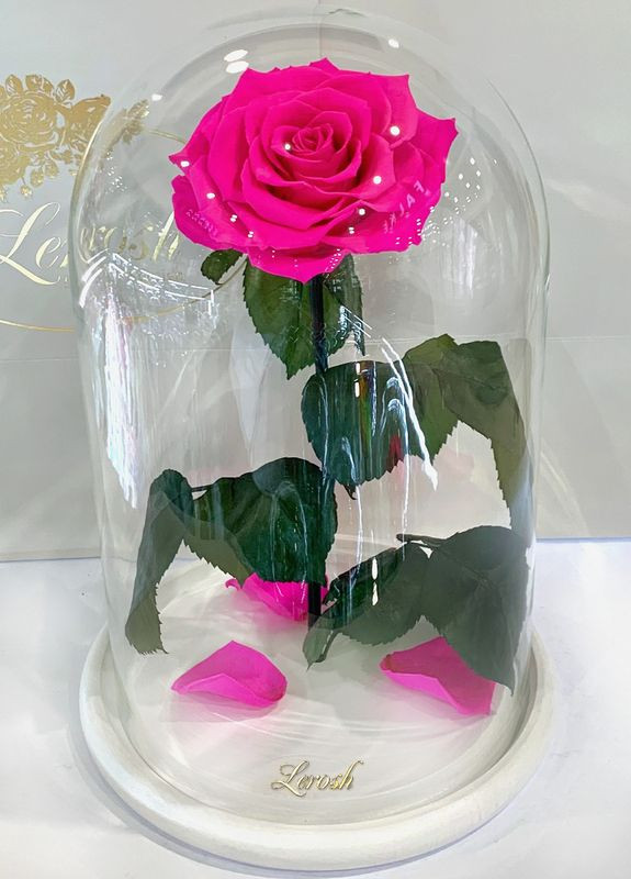 Ярко-розовая Фуксия роза в колбе - Lux 33 см на белой подставке LEROSH (278020015)