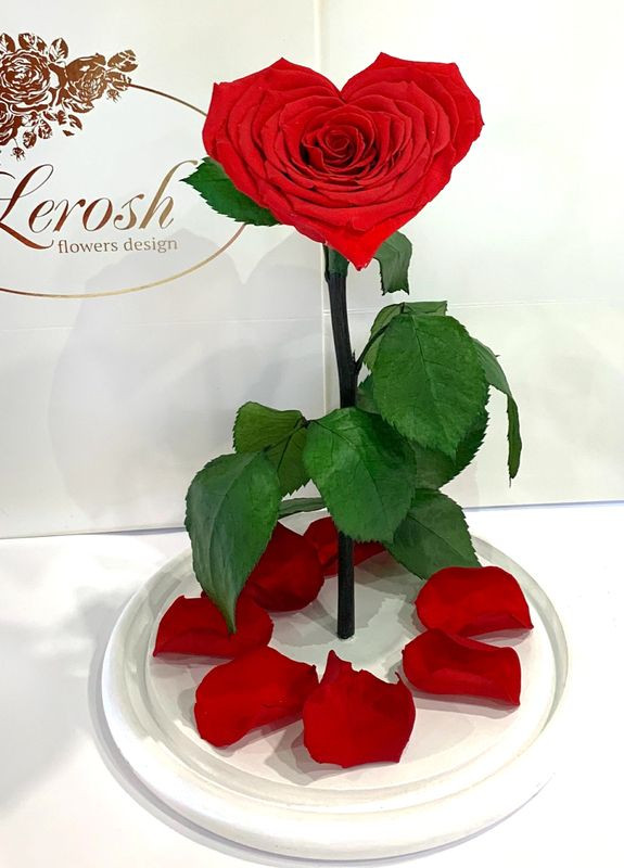 Червона троянда в колбі Серце - Lux 33 см на білій підставці LEROSH (278020037)
