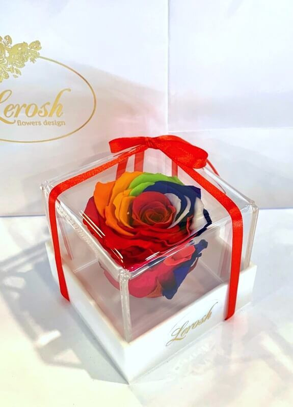 Яскравий Райдужний стабілізований бутон троянди в подарунковій коробці - Classic LEROSH (278020066)