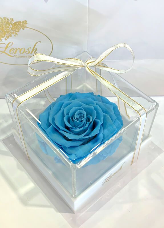 Голубой стабилизированный бутон розы в подарочной коробке - Premium LEROSH (278019983)