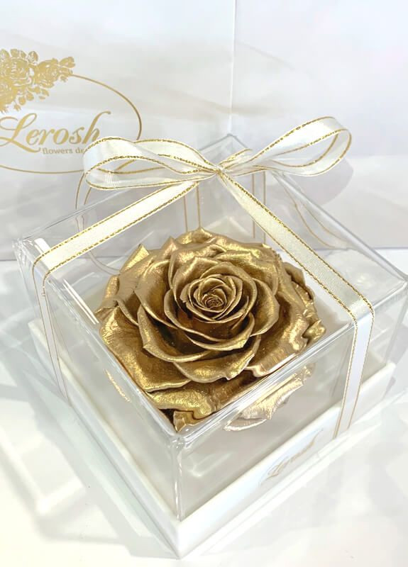 Золотий стабілізований бутон троянди в подарунковій коробці - Premium LEROSH (278019994)
