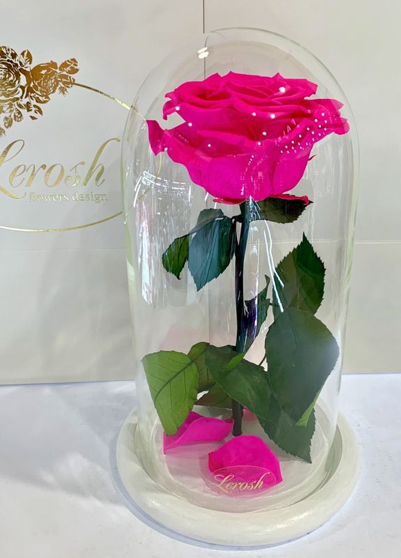 Яскраво-рожева Фуксія троянда в колбі - Premium 27 см на білій підставці LEROSH (278019970)
