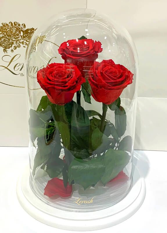 Букет три червоні троянди в колбі - Grand 33 см на білій підставці LEROSH (278020011)