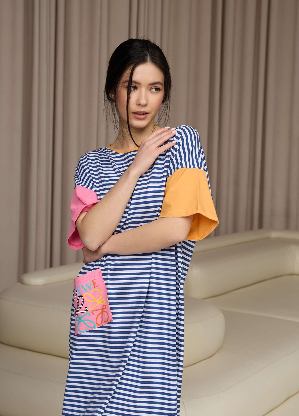 Туника полосатая с разноцветными рукавами и карманом Nicoletta (277978919)