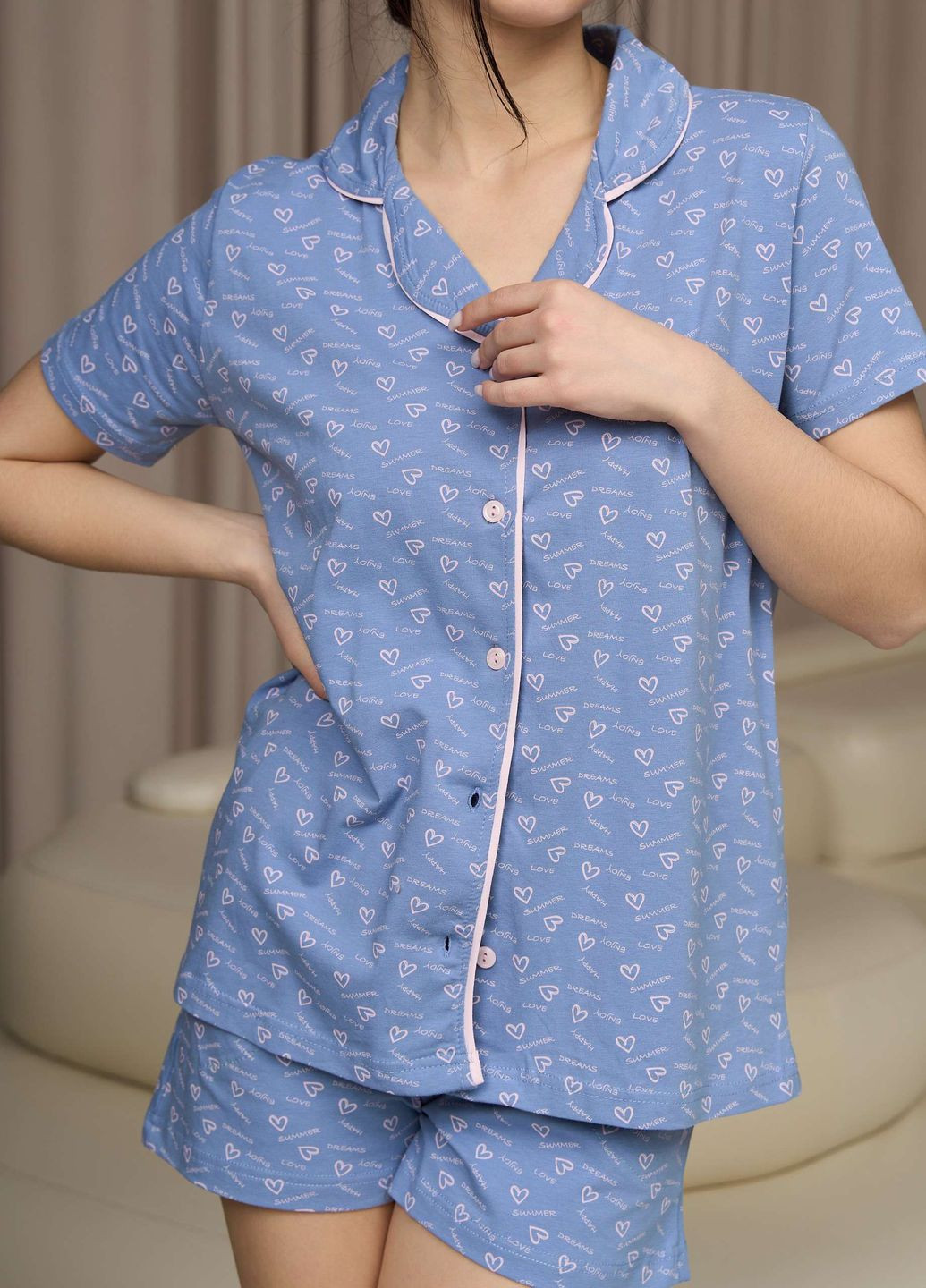 Синя жіночий комплект сорочка з шортиками Nicoletta
