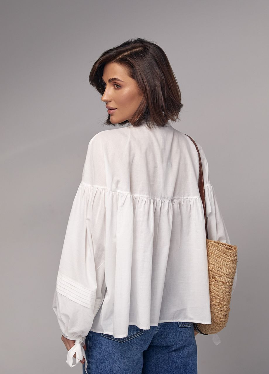 Молочна бавовняна блузка з широкими рукавами на зав'язках Lurex