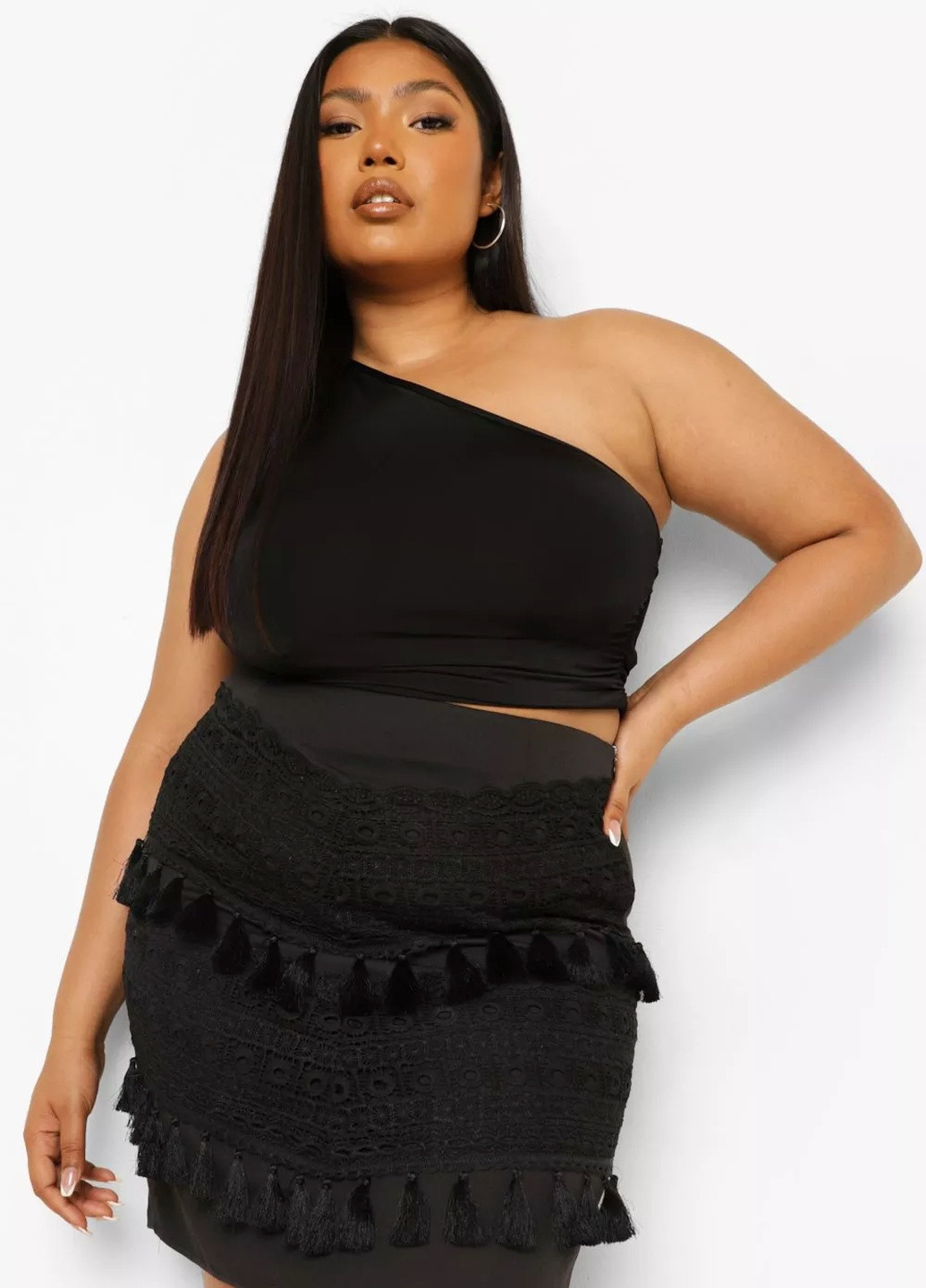 Черная юбка с кружевом и кистями черная Boohoo