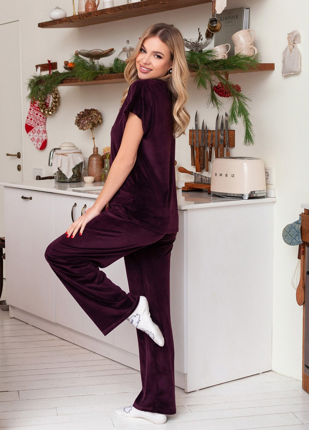 Бордовая всесезон пижама женская футболка + брюки ISSA PLUS 13667
