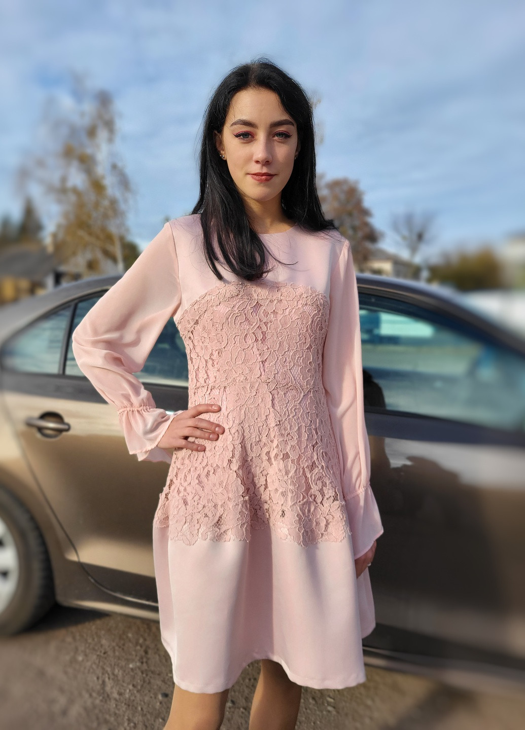 Рожева коктельна сукня рожева з мереживом No Brand