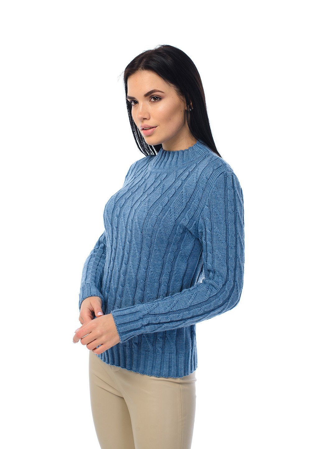 Блакитний жіночий м'який светр з коміром стійка SVTR