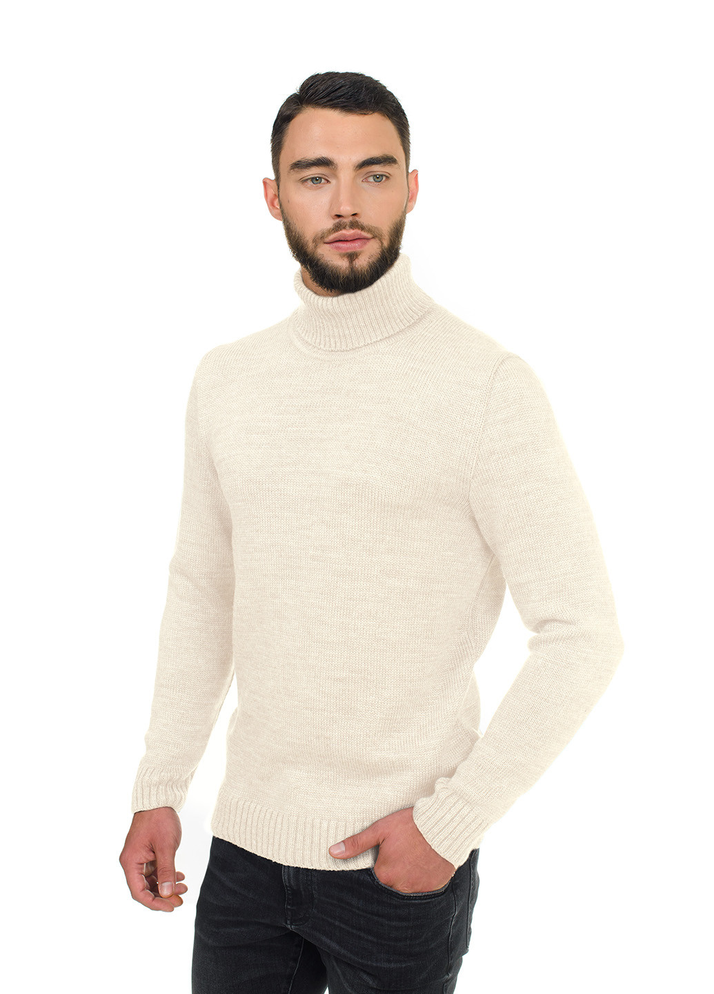 Молочний теплий чоловічий гольф з косим плечовим швом SVTR