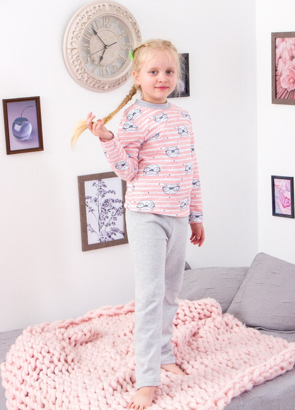 Персиковая всесезон теплая пижама для девочки 104см котики (персик)+серый носи своє (-024-5-1-v9) Носи своє 6076