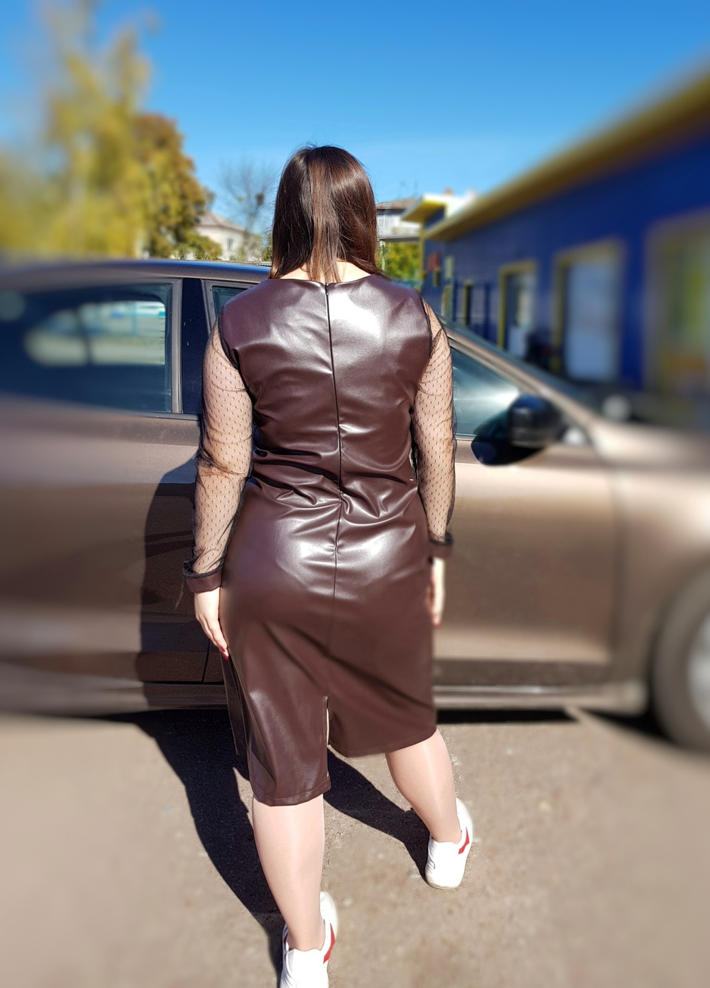 Коричневое коричневое платье кожзам с рукавами сетка Molegi