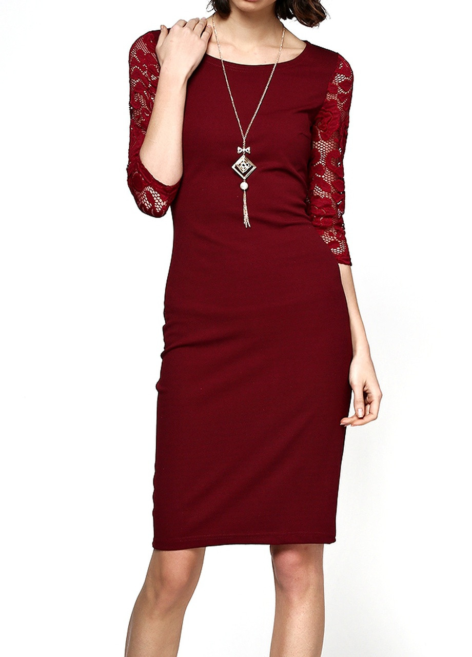 Бордова бордова сукня з гіпюровим рукавом No Brand
