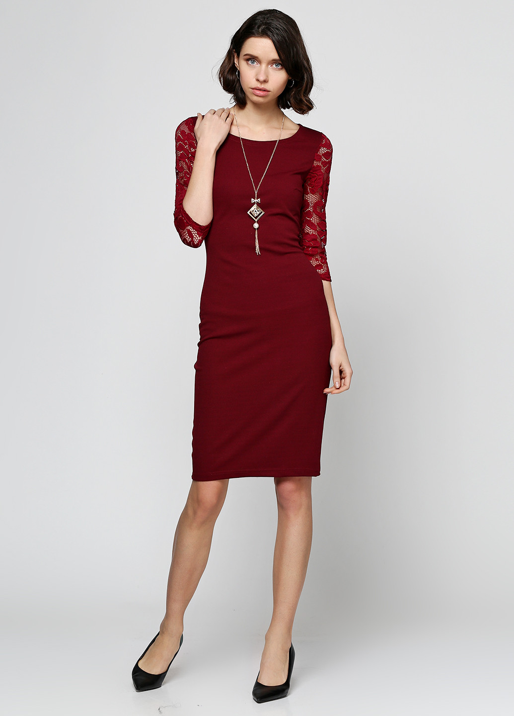 Бордова бордова сукня з гіпюровим рукавом No Brand